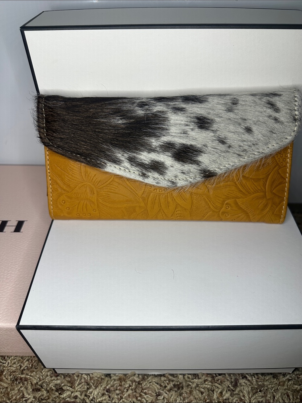 Mustard Yellow Floral Wallet with Black & White Haircalf Flap